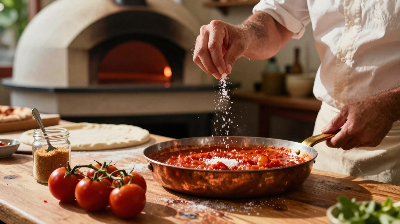 Mão polvilhando queijo ralado em panela com molho de tomate, tomates e forno a lenha ao fundo.