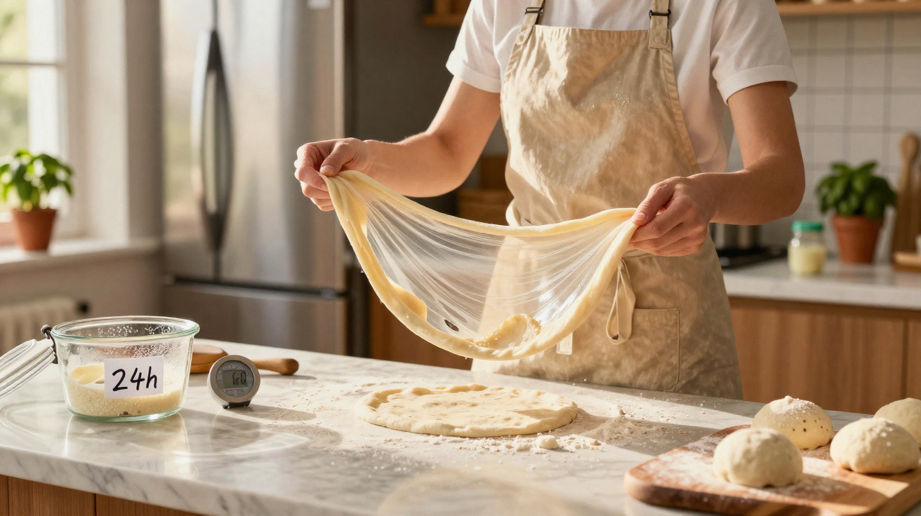 Pessoa esticando massa de pizza em cozinha com bolinhas de massa e recipiente marcado 24h.