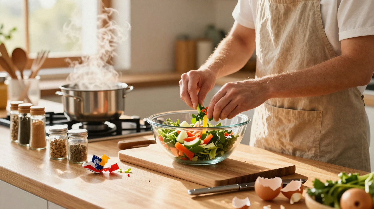 Pessoa preparando salada fresca em tigela de vidro em cozinha iluminada e organizada.
