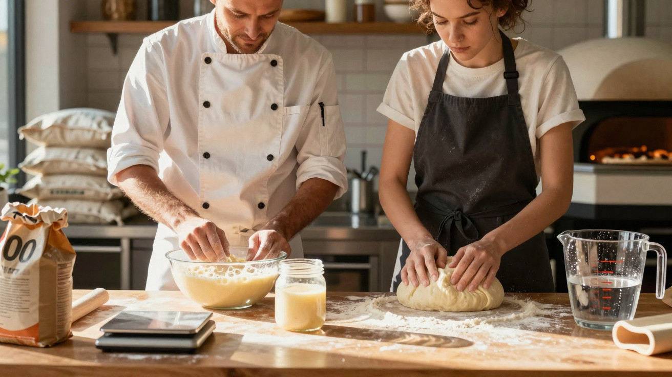 Homem e mulher preparando massa de pão juntos em cozinha rústica com forno a lenha ao fundo.