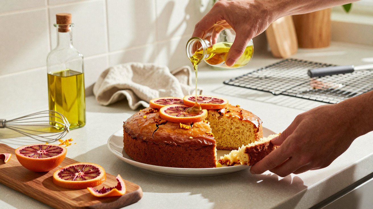 Mãos servindo fatia de bolo com cobertura de laranja e azeite em cozinha ensolarada.