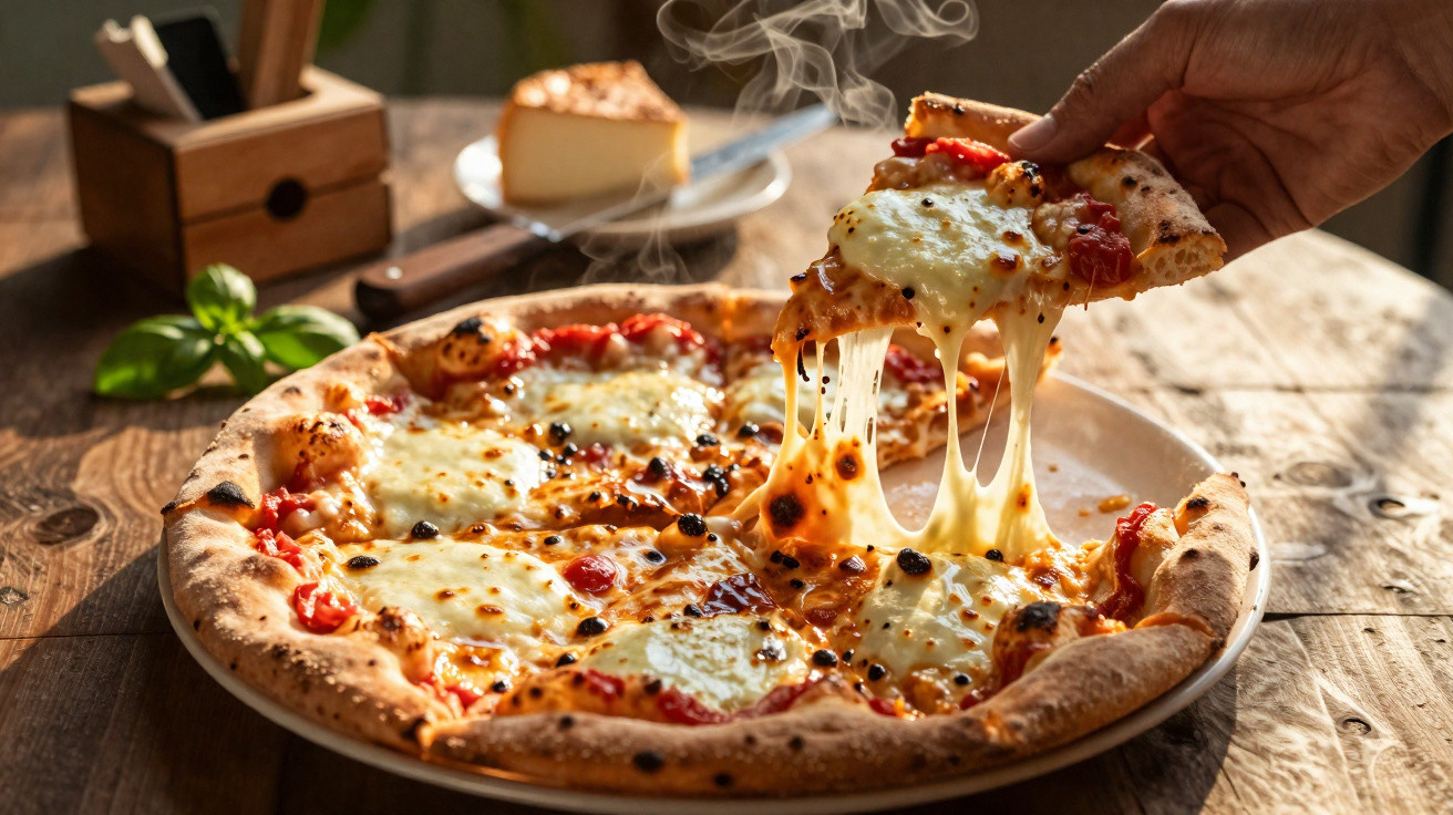 Pizza de mussarela quente com pedaço sendo puxado e queijo derretido em prato sobre mesa de madeira.
