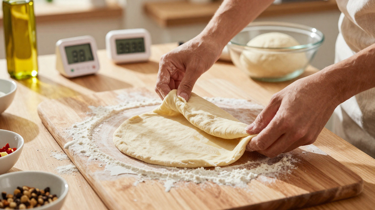 Mãos dobrando massa de pizza sobre tábua de madeira com farinha e utensílios ao fundo.