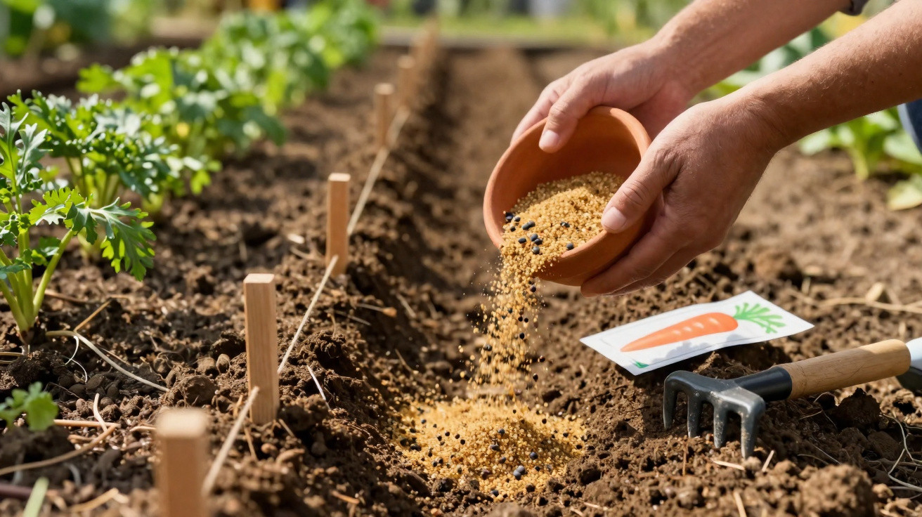 Mãos semeando sementes na terra de uma horta, com cartão ilustrando cenoura e ferramenta de jardinagem ao lado.
