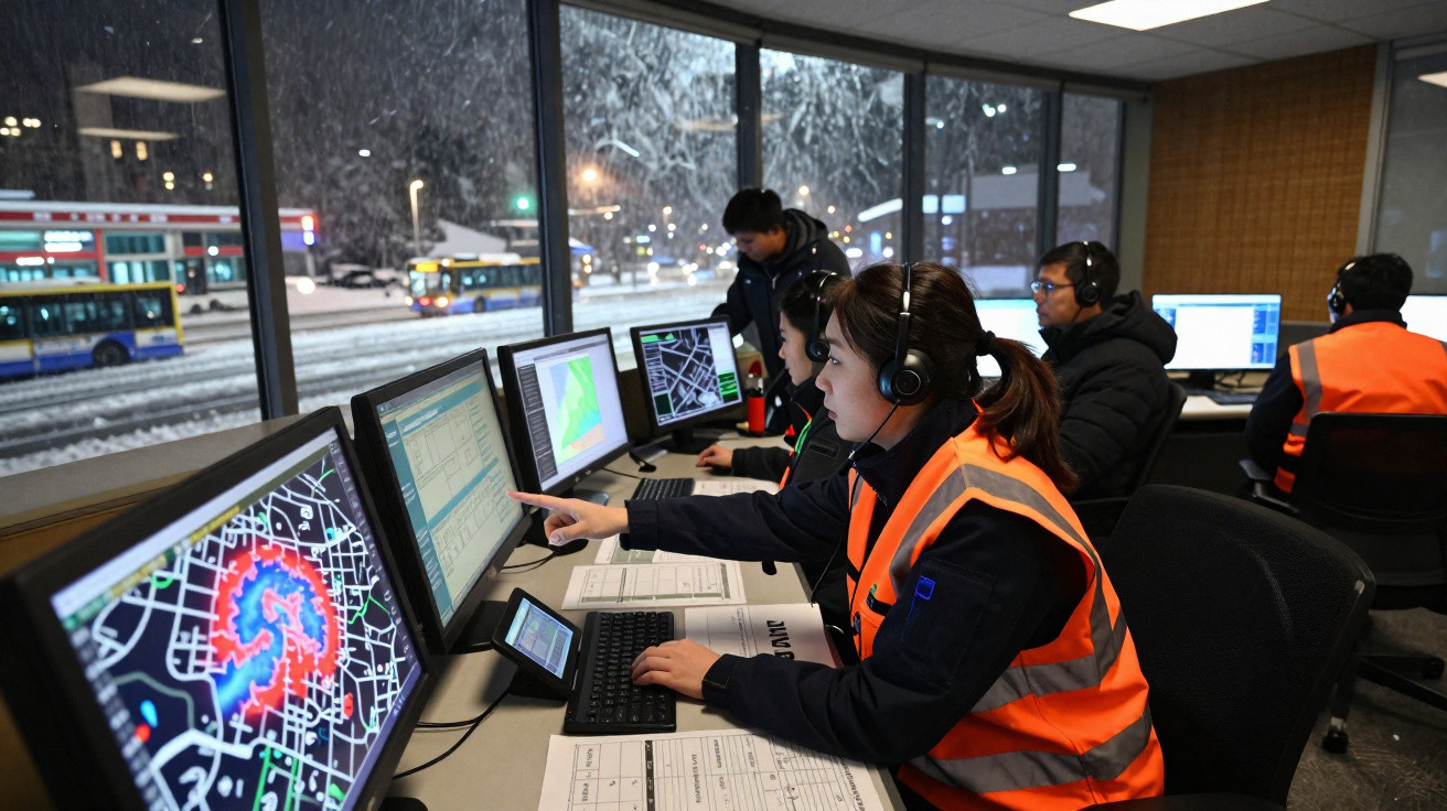 Equipe de controle com coletes laranja monitora dados em telas durante nevasca à noite em central de operações.