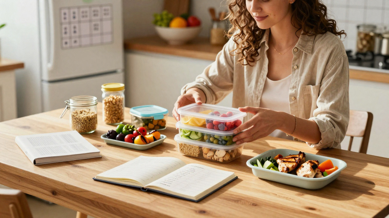 Mulher organizando potes com frutas e vegetais em mesa com livro aberto na cozinha.