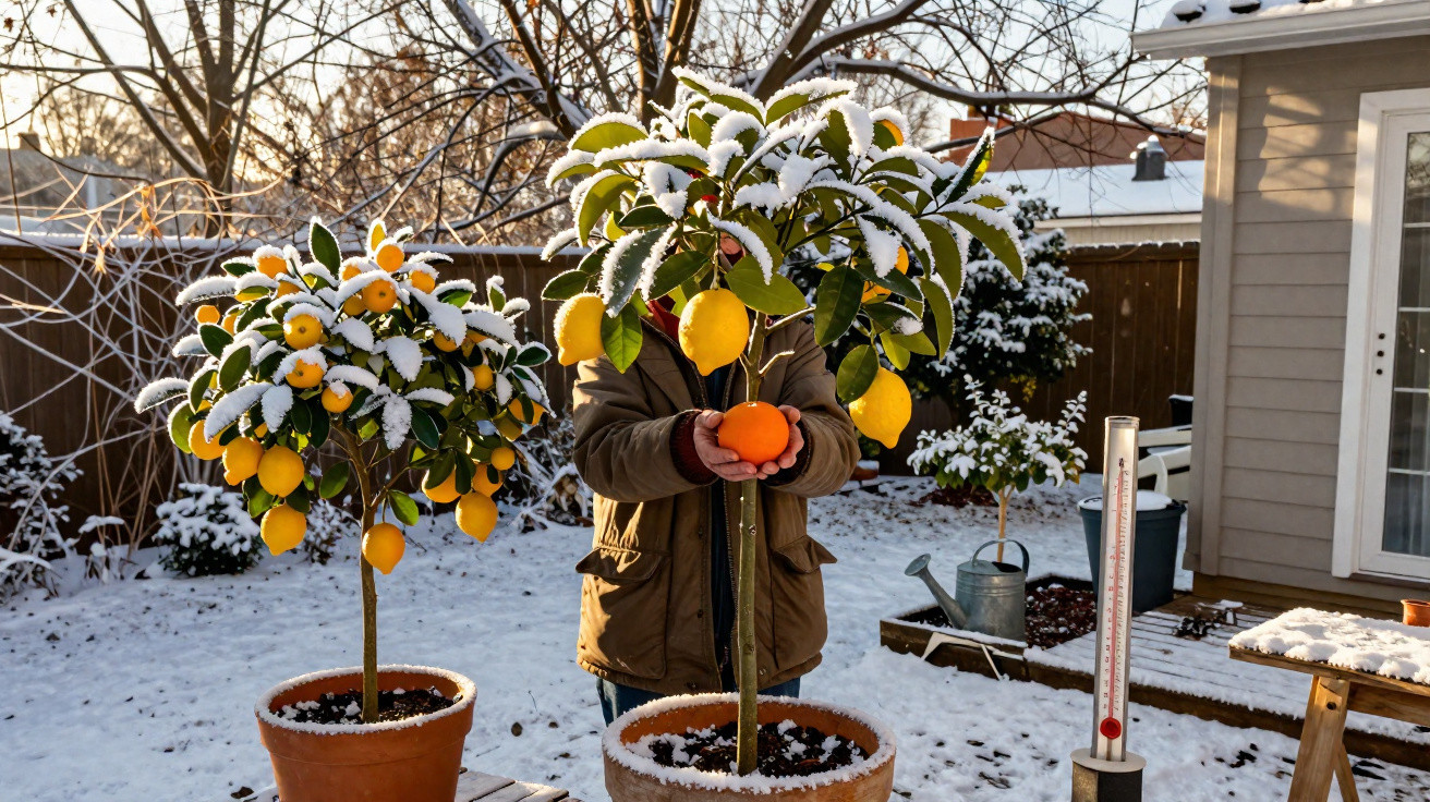 Pessoa segurando laranja próxima a vasos com plantas frutíferas cobertas de neve em quintal residencial.