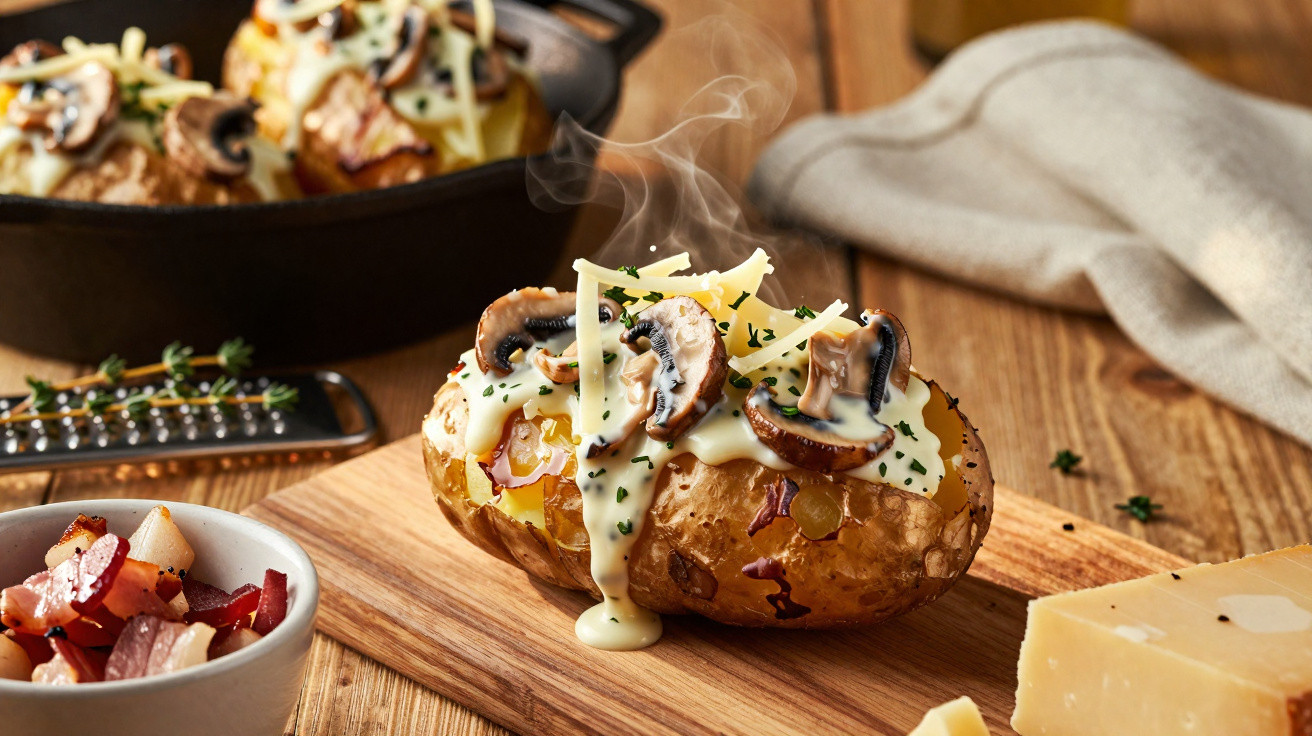 Batata assada com molho cremoso, queijo ralado e cogumelos, servida sobre tábua de madeira.