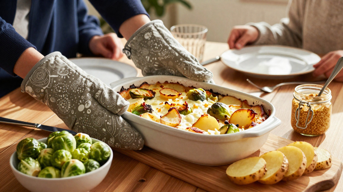 Pessoa usando luvas de forno retirando travessa de batata gratinada com couve-de-bruxelas da mesa de madeira.