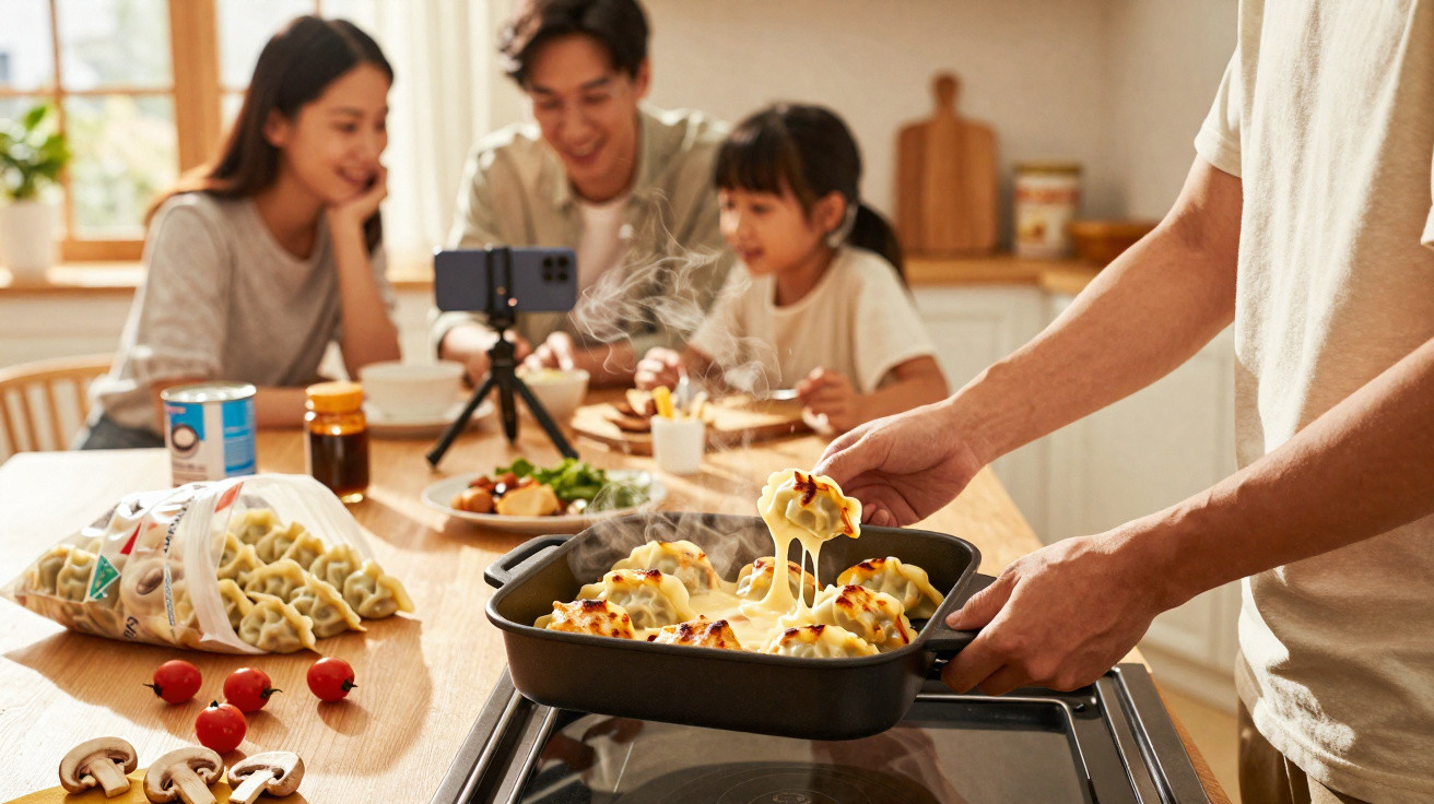 Pessoa segurando panela com ravióli gratinado na cozinha, família ao fundo assistindo conteúdo no celular.