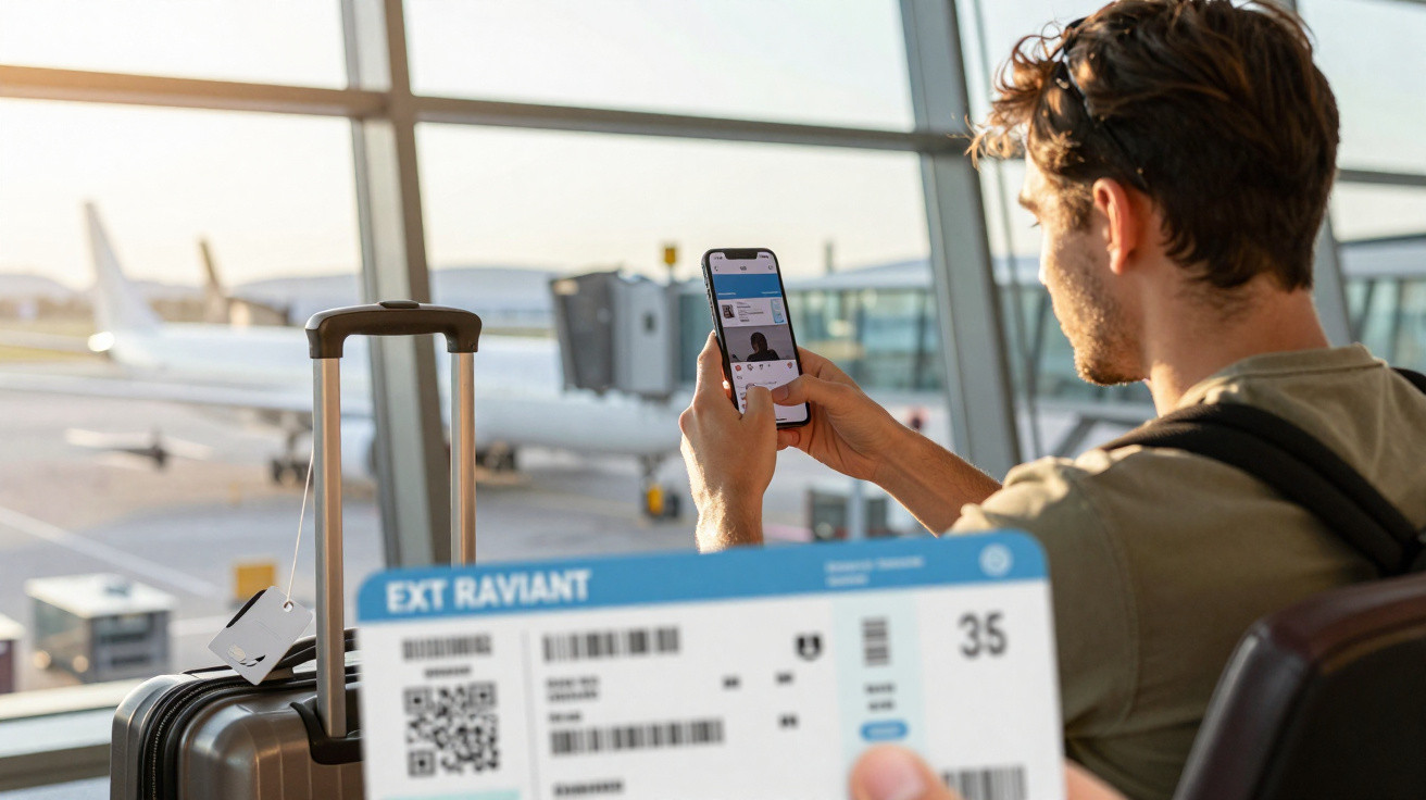 Homem em aeroporto segurando celular e mala com cartão de embarque em destaque.