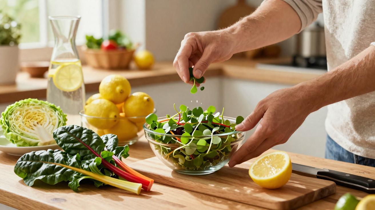 Pessoa temperando salada com folhas verdes em cozinha clara, com limões e legumes à mesa.
