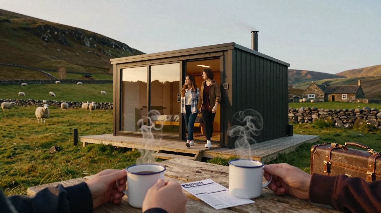Duas pessoas saindo de uma pequena casa moderna em área rural, com duas xícaras de café e ovelhas ao fundo.