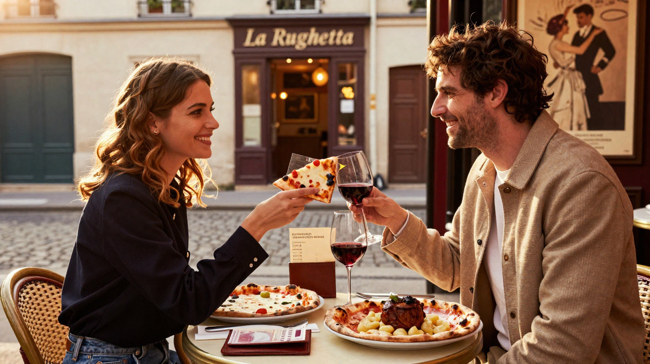 Casal brindando com taças de vinho em mesa de restaurante ao ar livre com pizzas e prato de massa.