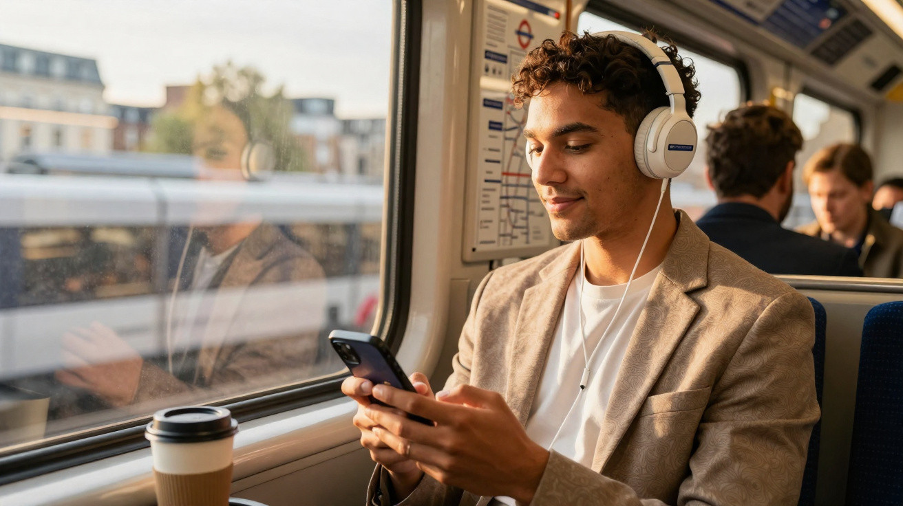 Jovem usando fones de ouvido e mexendo no celular durante viagem de trem, com copo de café ao lado.