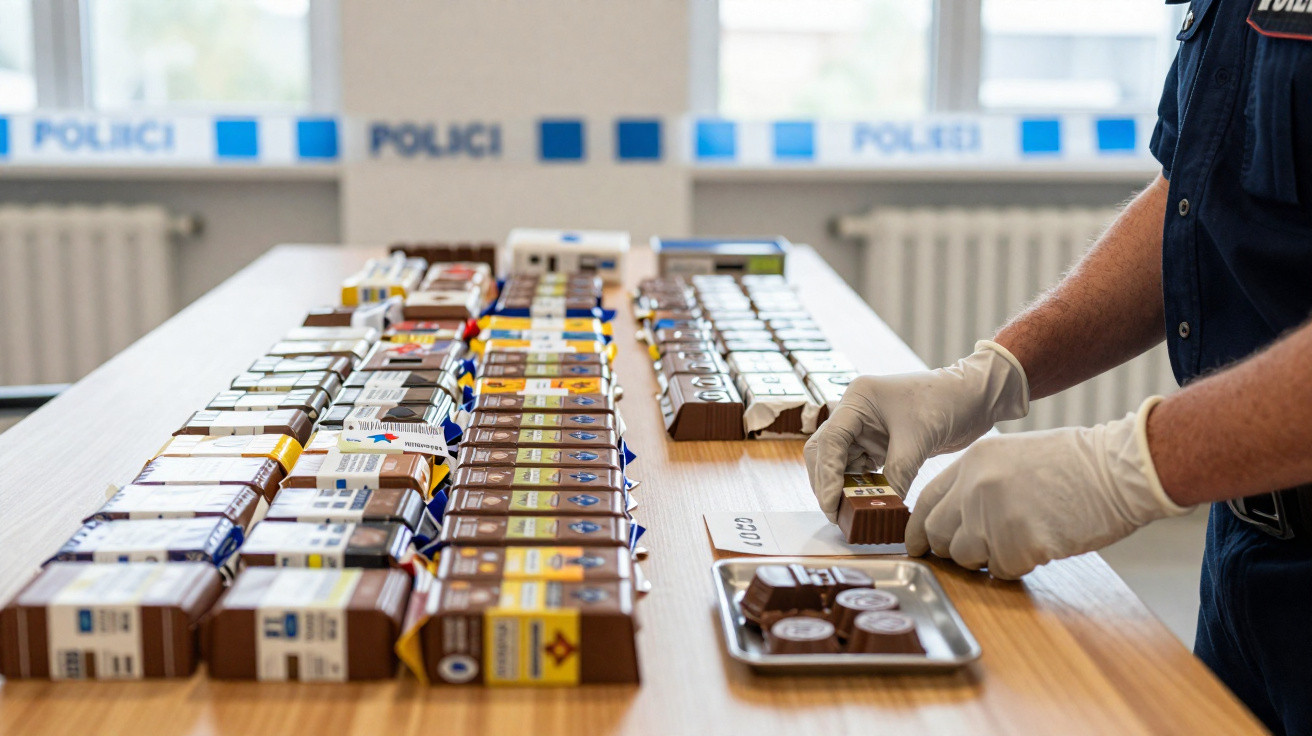 Policial manuseia barras de chocolate organizadas em fileiras sobre mesa em ambiente institucional.