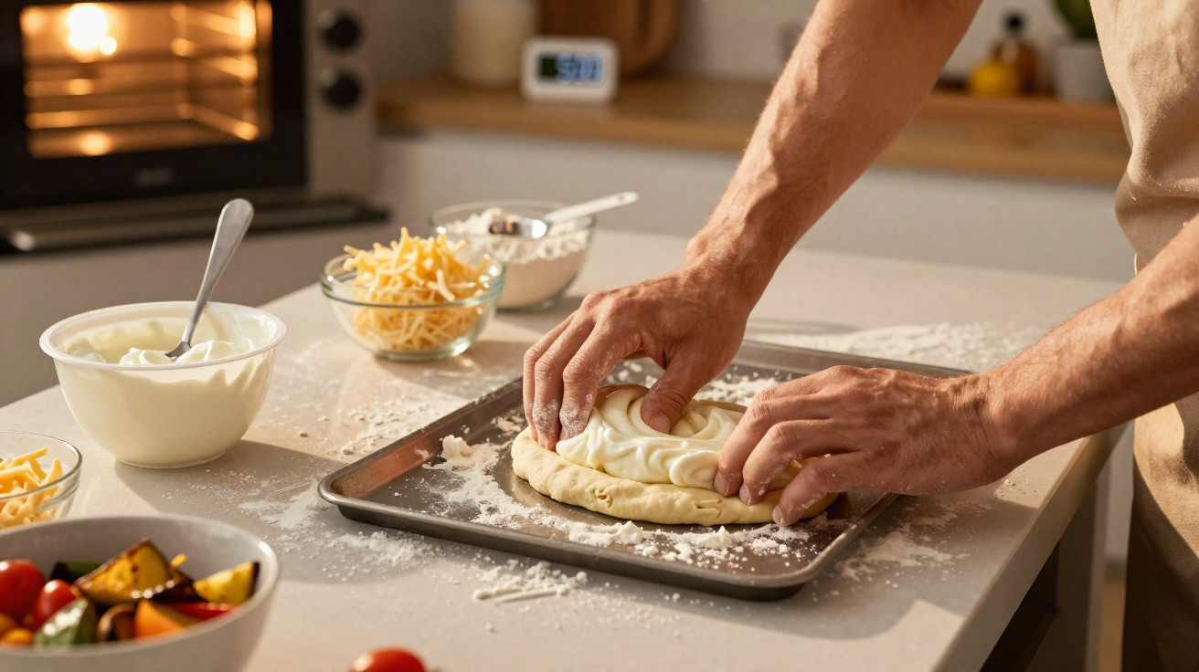 Pessoa preparando massa de pizza com creme em cozinha, com ingredientes e forno ao fundo.