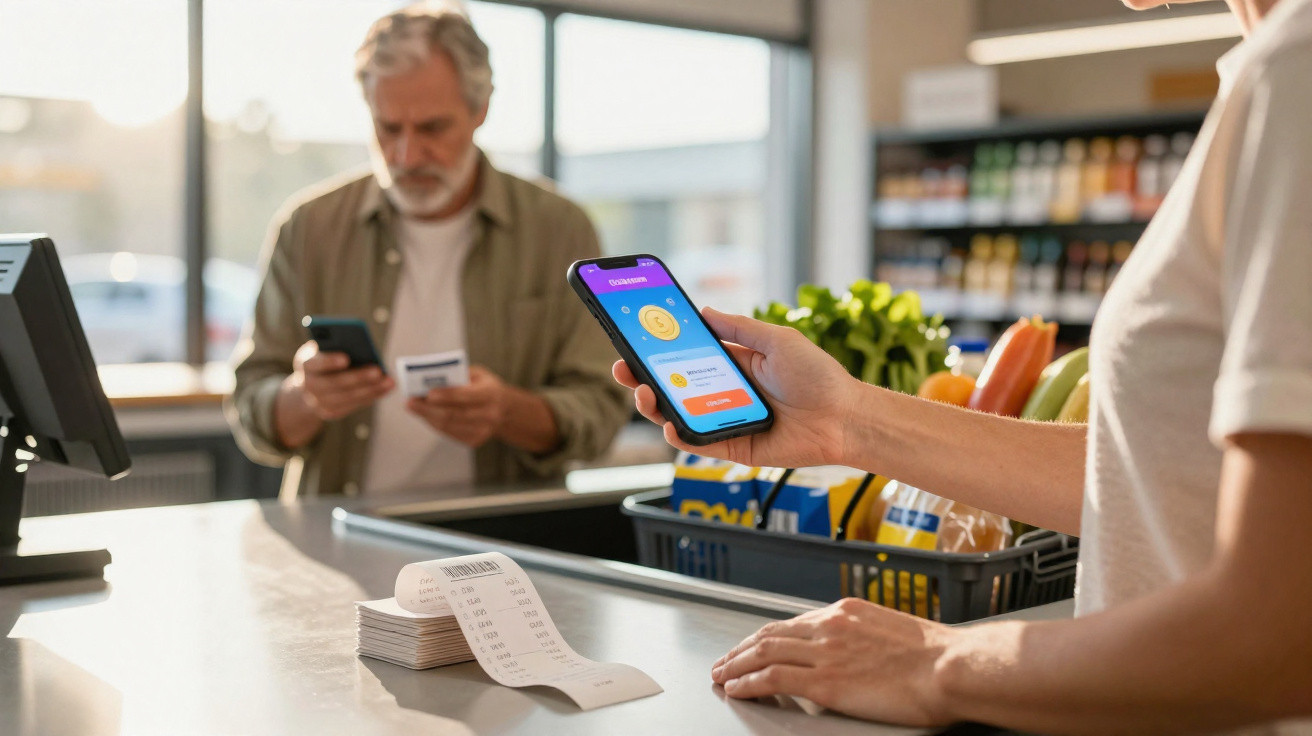 Pessoa usando celular com app de cashback no caixa de supermercado, enquanto cliente confere nota fiscal.