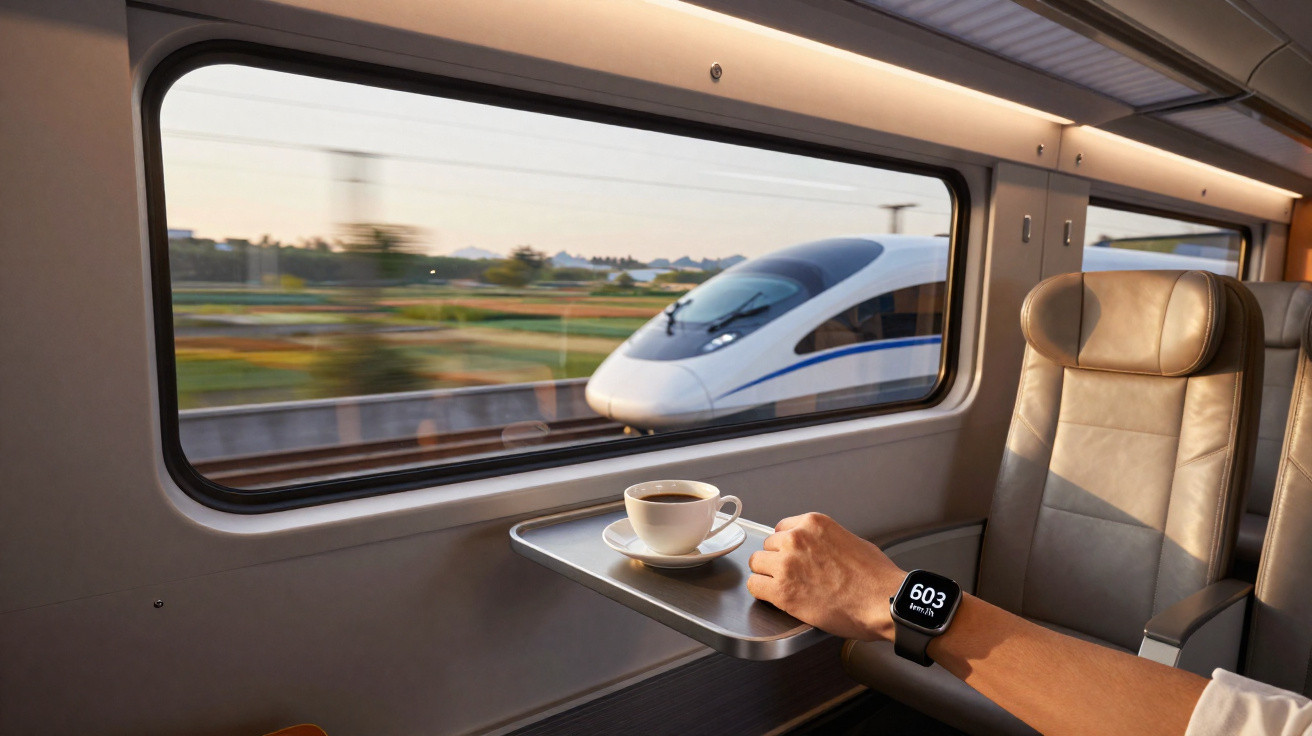 Interior de trem moderno com janela mostrando trem em movimento e xícara de café sobre a mesa.