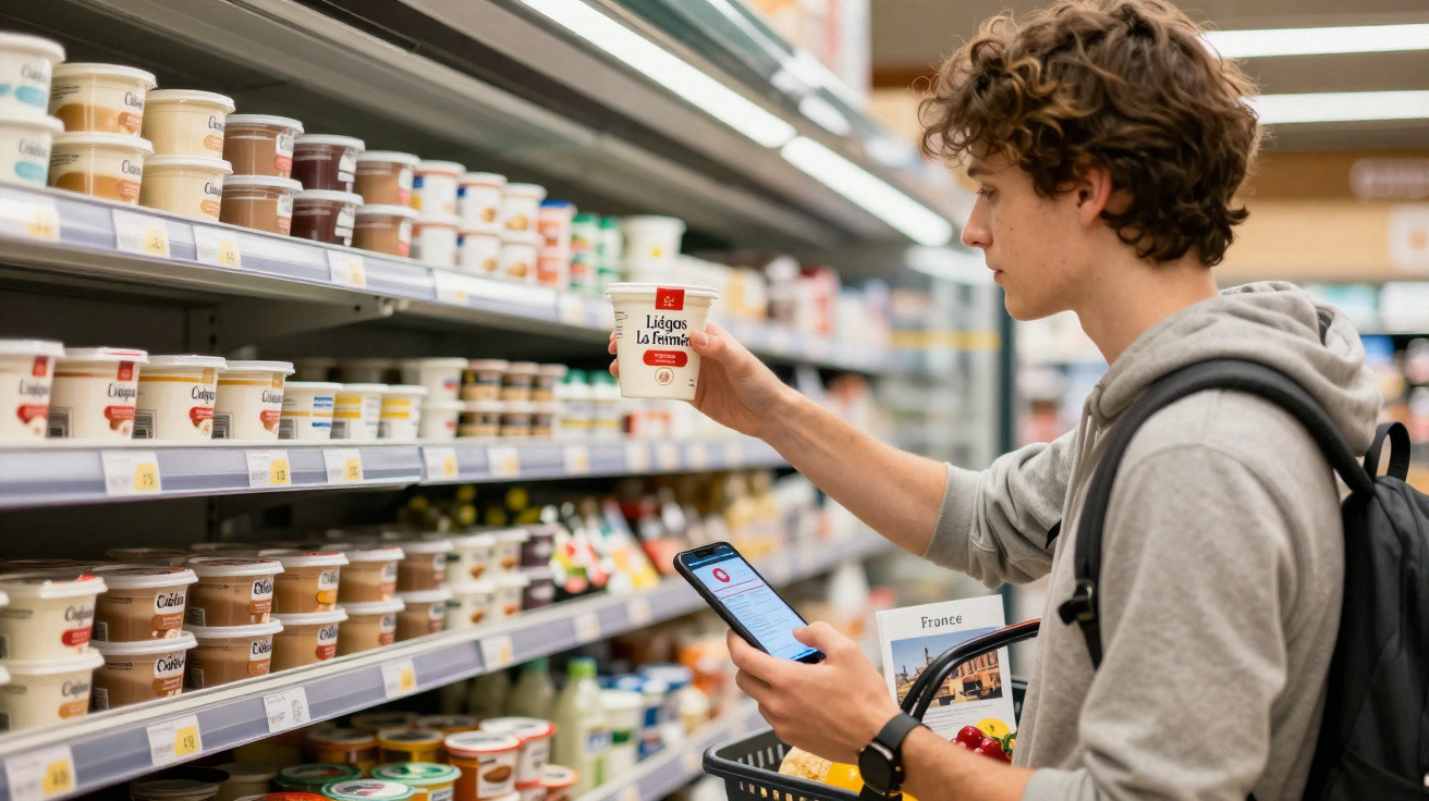 Jovem segura pote de iogurte no supermercado enquanto consulta informações no celular.