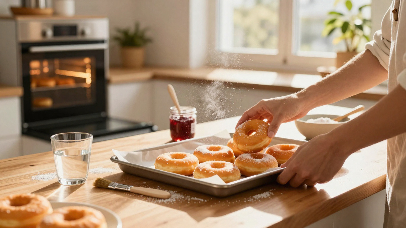 Mãos segurando donut em forma retangular com donuts polvilhados com açúcar em cozinha iluminada natural.