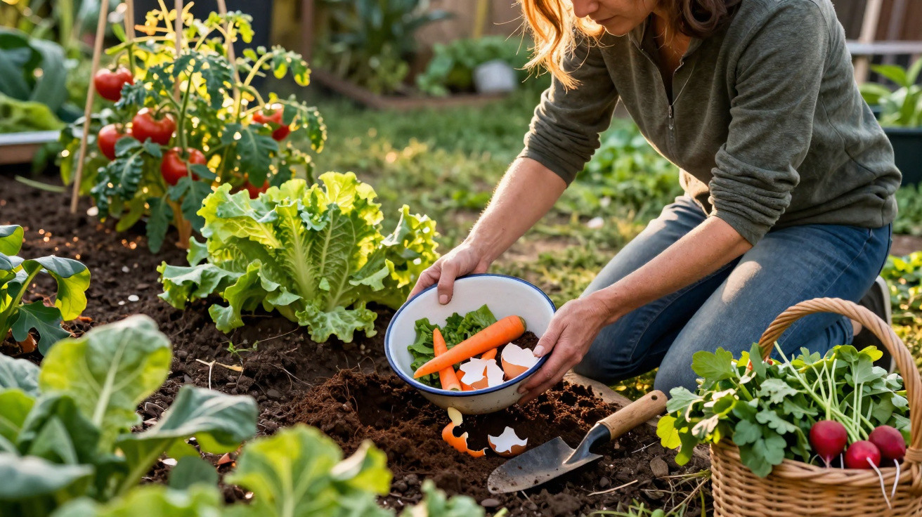 Pessoa plantando legumes em jardim com cesta de vegetais frescos ao lado e tomates ao fundo.