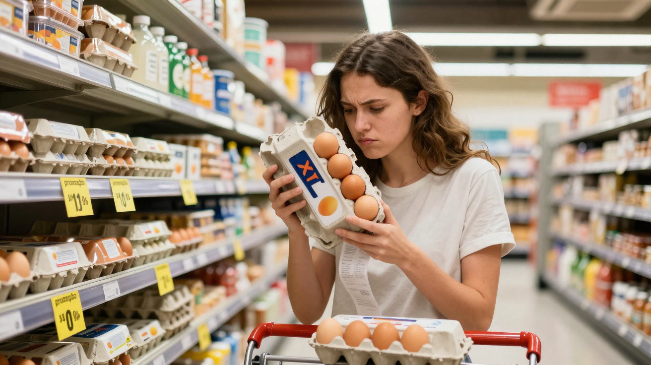 Mulher analisando embalagem de ovos XL em supermercado, com carrinho e outras mercadorias ao redor.