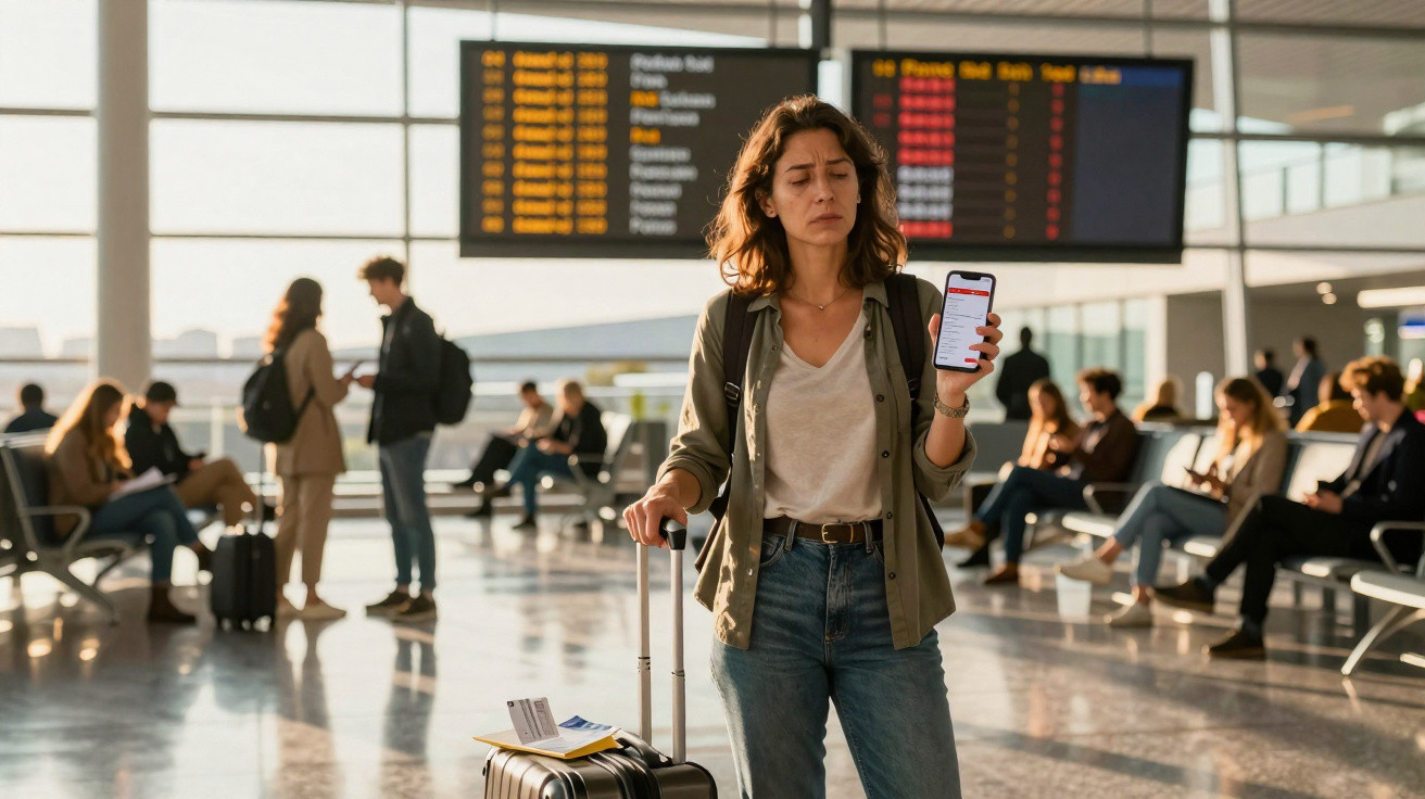 Mulher em aeroporto com mala e celular, olhando passada de voos no painel ao fundo.