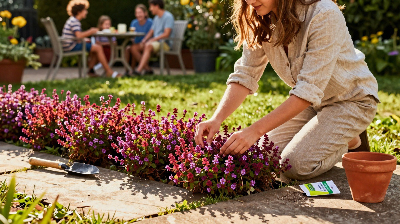 Mulher cuidando de flores roxas em jardim, com crianças e adulto ao fundo sentados em mesa.