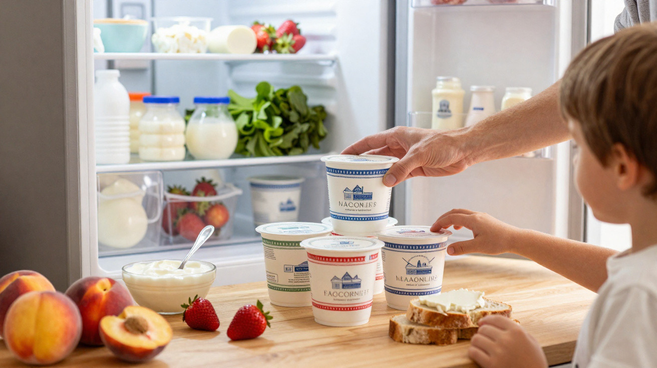Gelados em potes com frutas, pão e iogurte na bancada, criança e adulto pegando potes com a geladeira aberta.