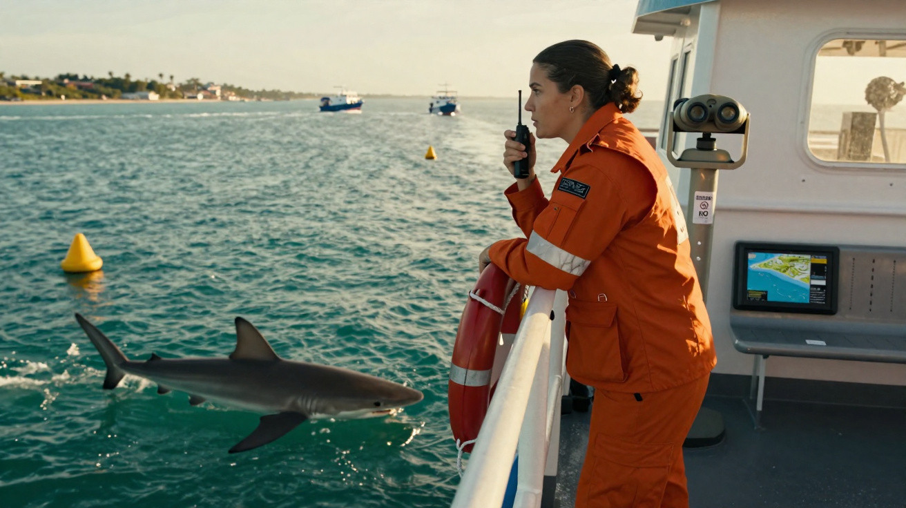 Mulher com uniforme laranja segura rádio ao lado de tubarão nadando próximo a barco no mar.