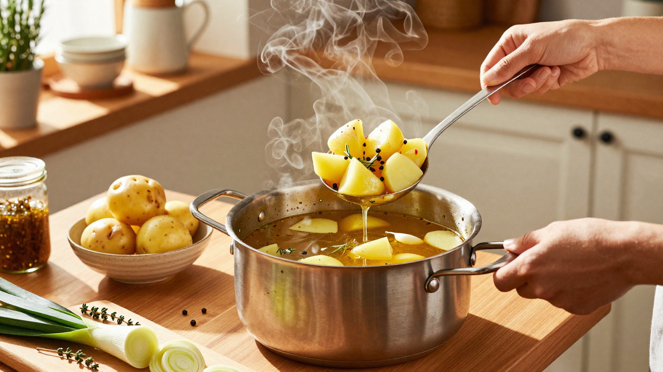 Mãos mexendo batatas cozidas em uma panela de aço inox sobre bancada de cozinha com alho-poró e temperos.