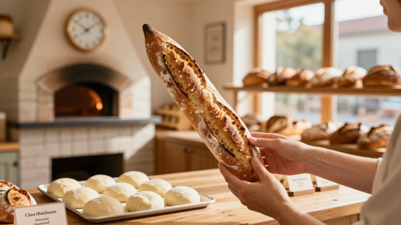 Pessoa segurando baguete fresca em padaria com forno à lenha e pães ao fundo.