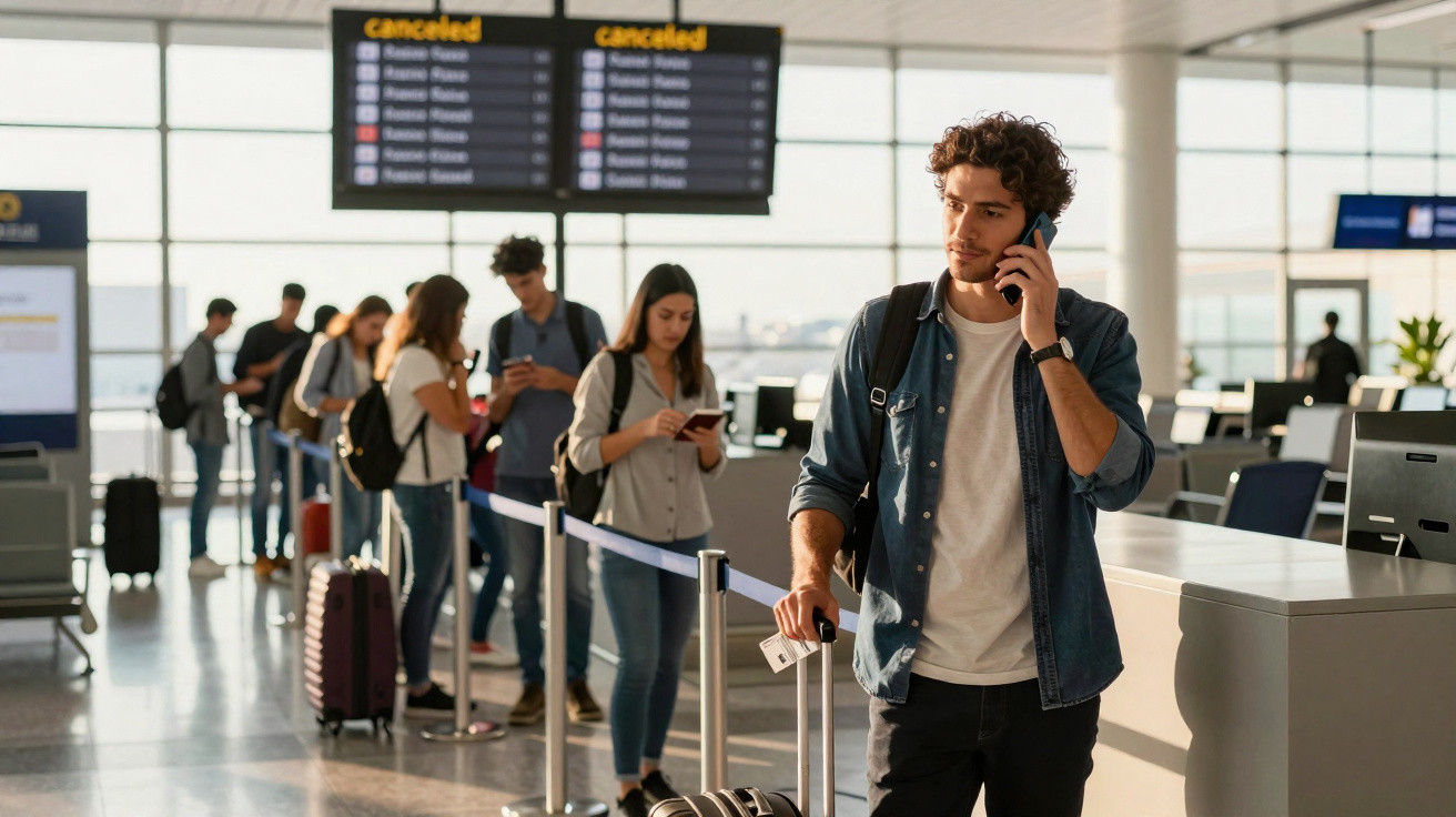 Pessoas aguardando na fila de check-in em aeroporto, com quadro de voos cancelados ao fundo.