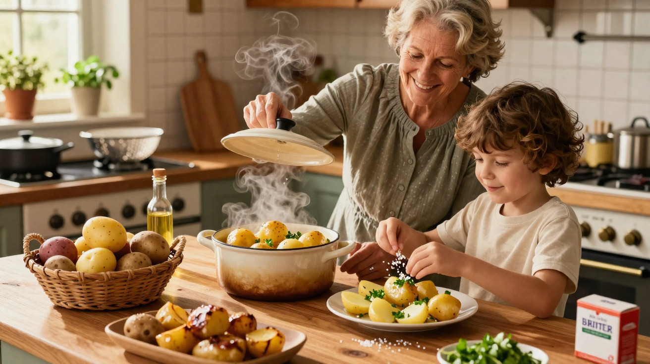 Mulher e criança preparando batatas cozidas na cozinha ensolarada e sorrindo juntos.