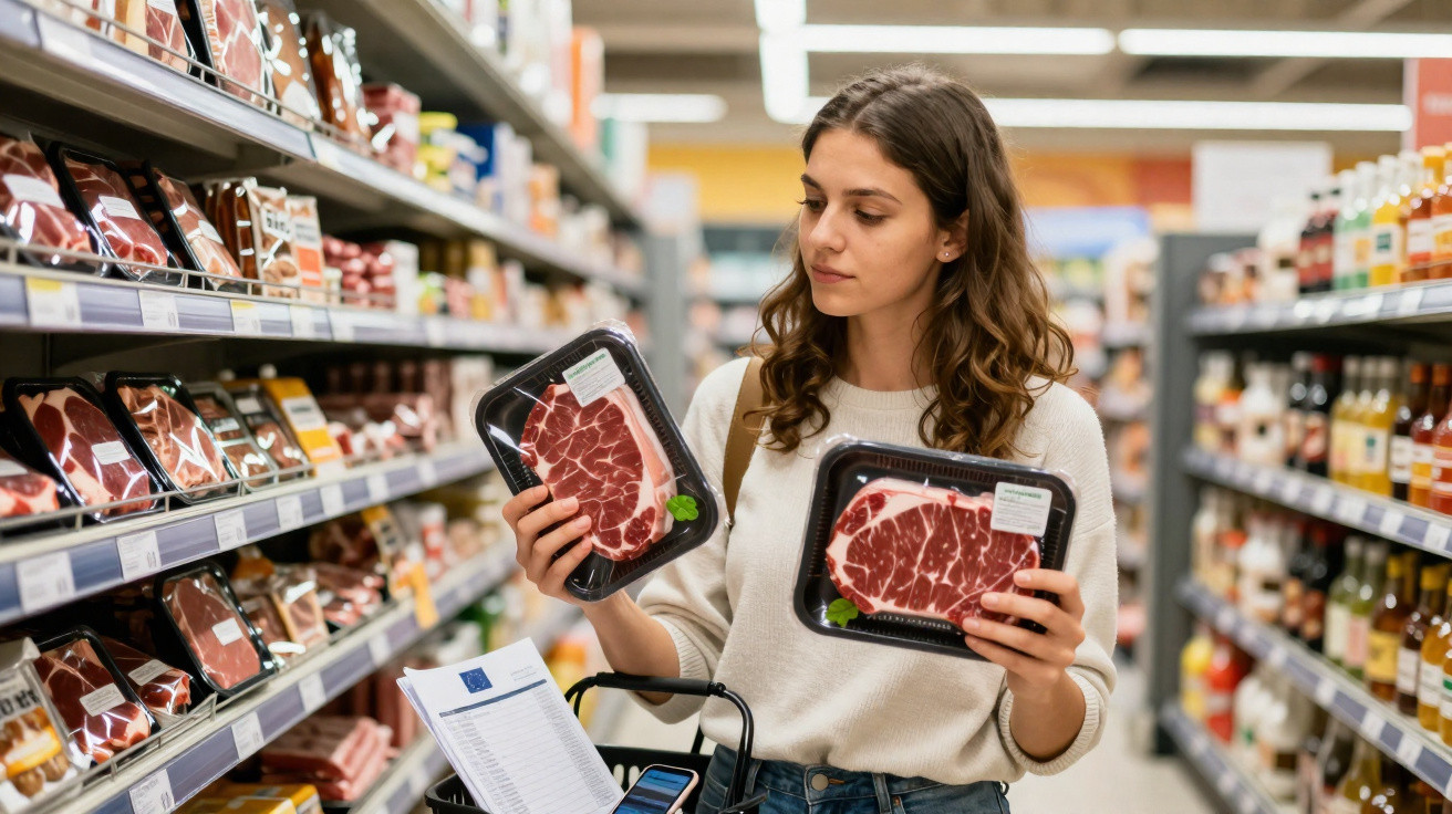 Mulher escolhendo entre dois pacotes de carne em supermercado, olhando atentamente os produtos.