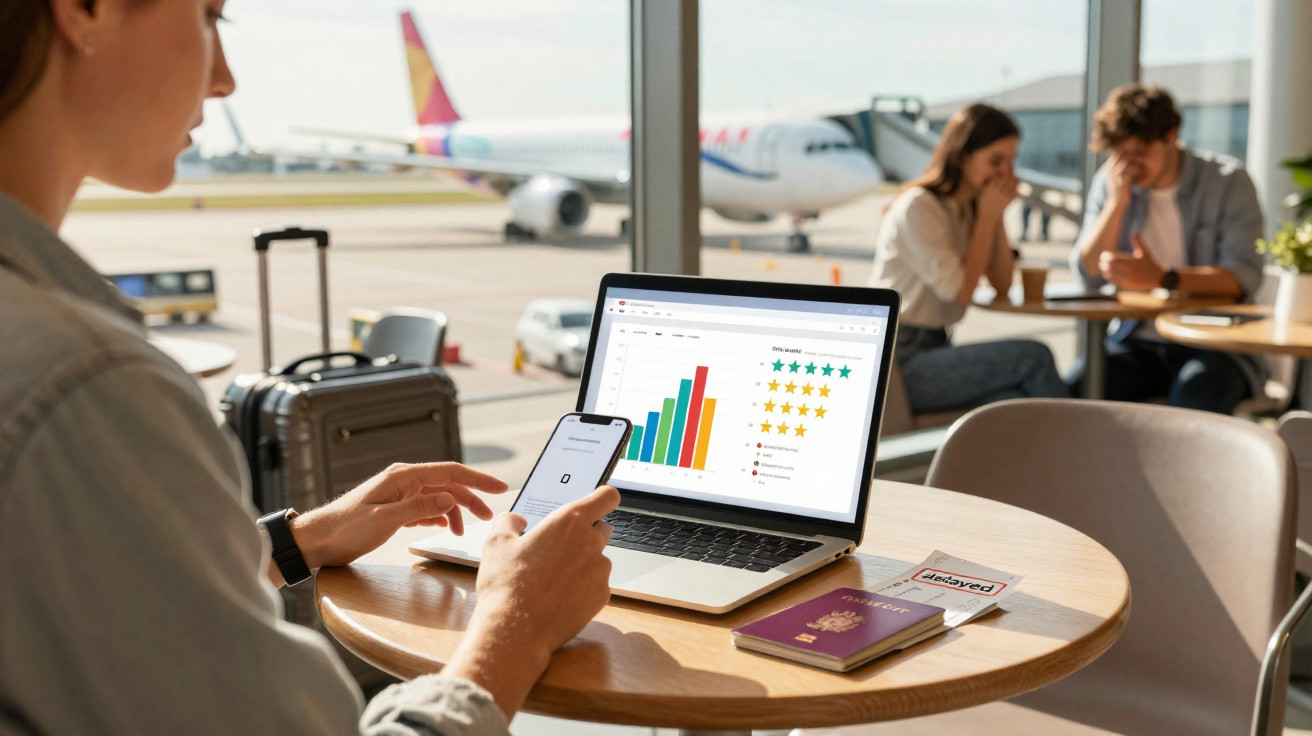 Mulher em aeroporto usando celular e notebook com gráficos, passaporte e cartão de embarque na mesa.