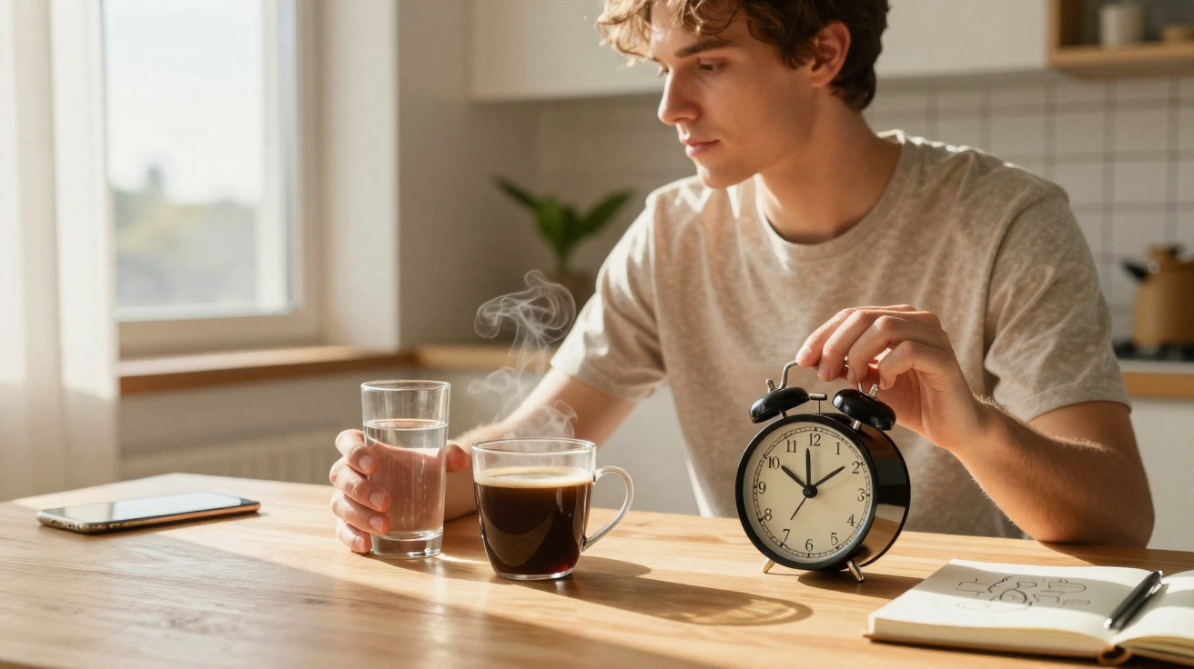 Jovem segurando copo de água e despertador em mesa com café fumegante e caderno aberto.