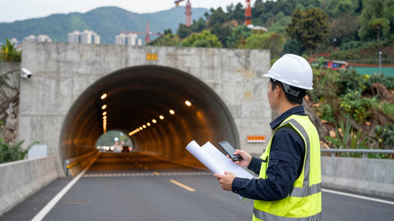 Engenheiro com capacete e colete refletivo verifica planos em estrada próxima a túnel iluminado.