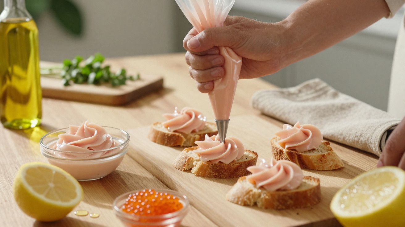 Pessoa decorando fatias de pão com creme rosa usando saco de confeitar em tábua de madeira.