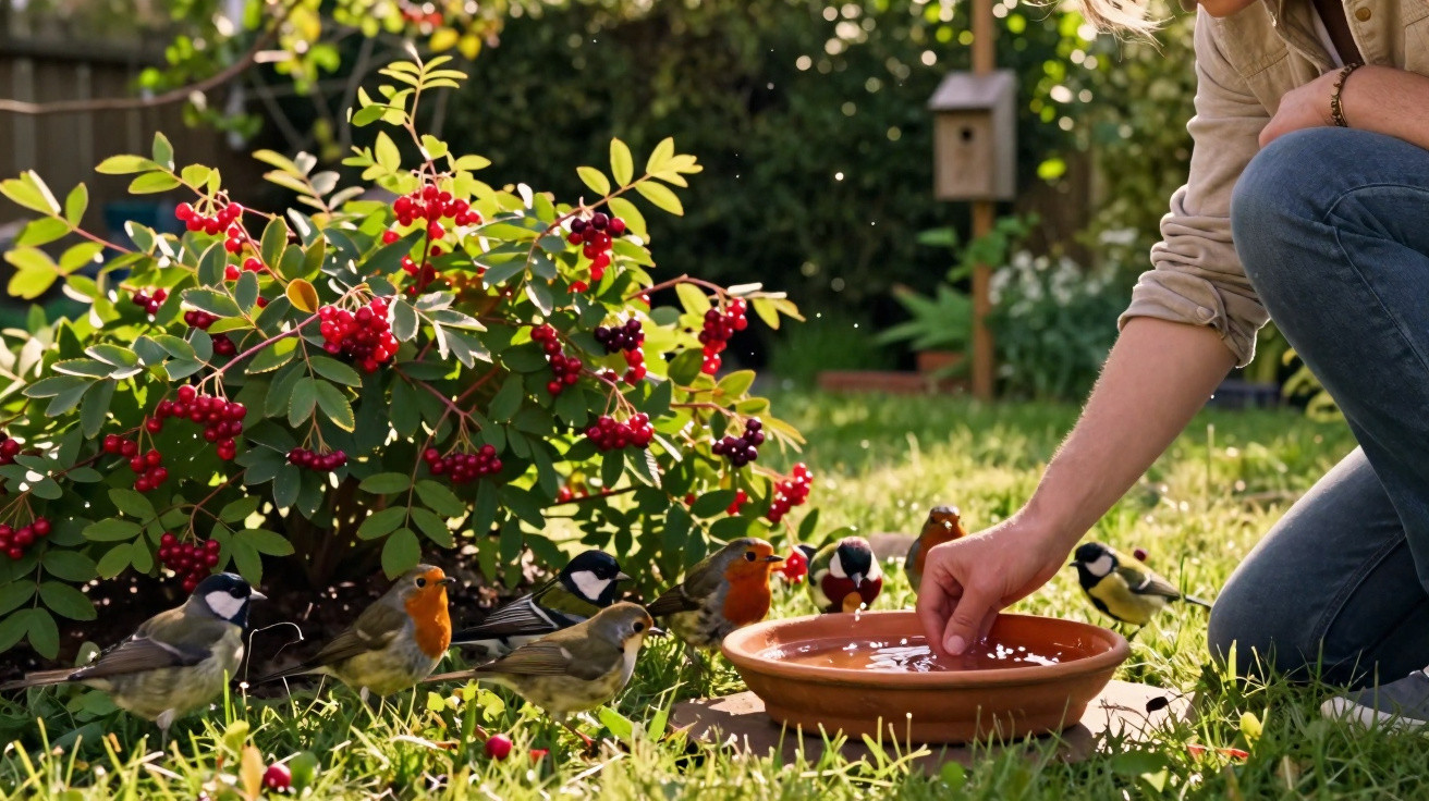 Pessoa alimentando pássaros variados próximos a arbusto com frutas vermelhas em jardim ensolarado.