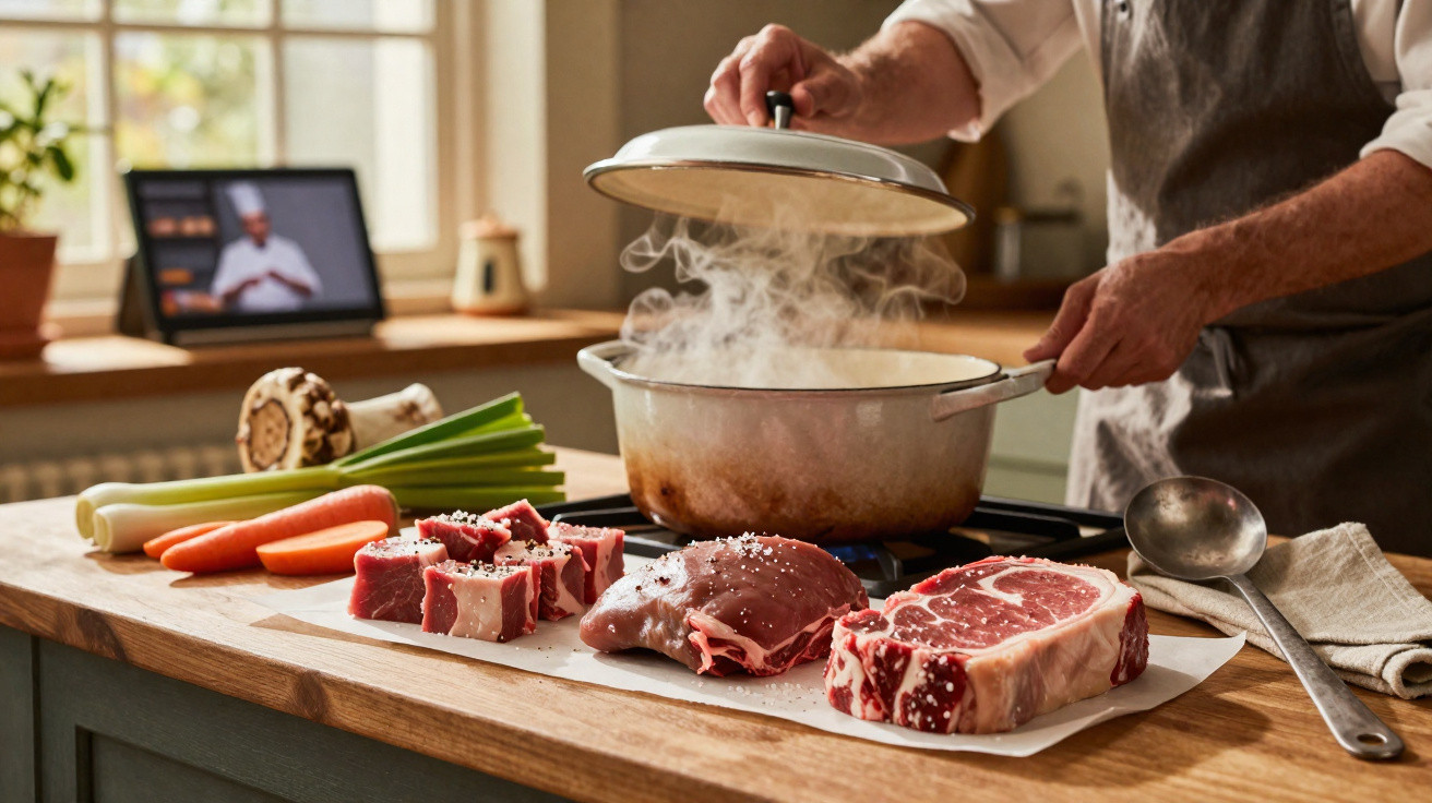 Pessoa abrindo panela onde cozinha enquanto pedaços de carne crua e legumes estão na bancada.