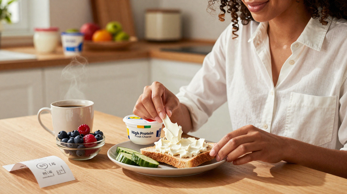 Pessoa espalhando cream cheese em pão integral com fatias de pepino, frutas e café em mesa de cozinha.