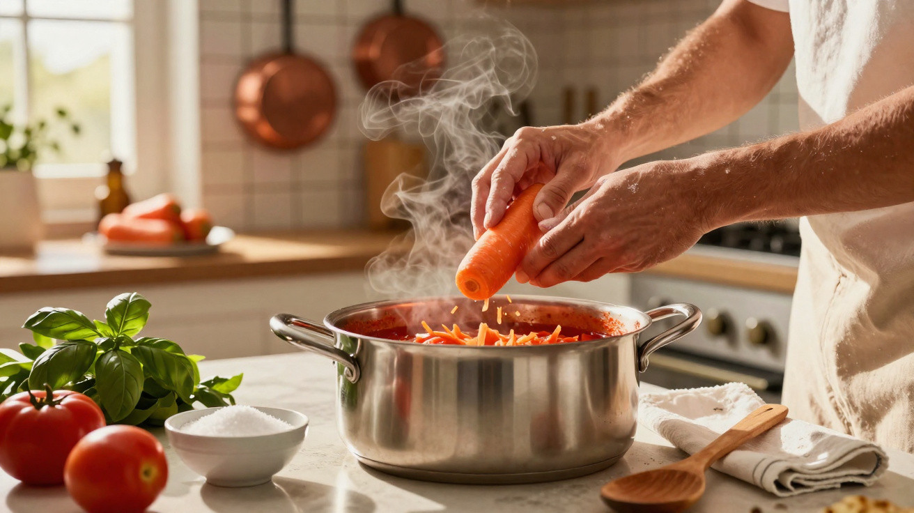 Mãos ralando cenoura sobre panela de molho fervente em cozinha com tomate, manjericão e sal na bancada.