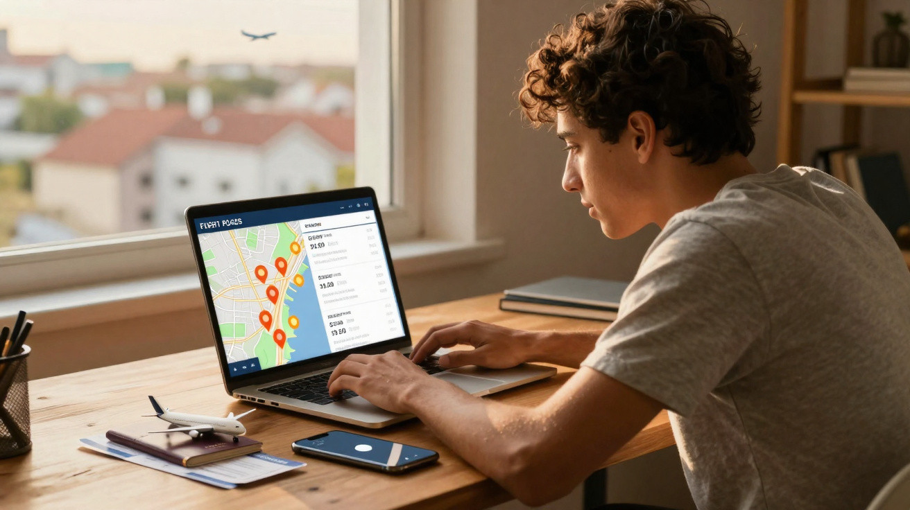 Jovem sentado em mesa usando laptop para pesquisar passagens aéreas com mapa e preços na tela.