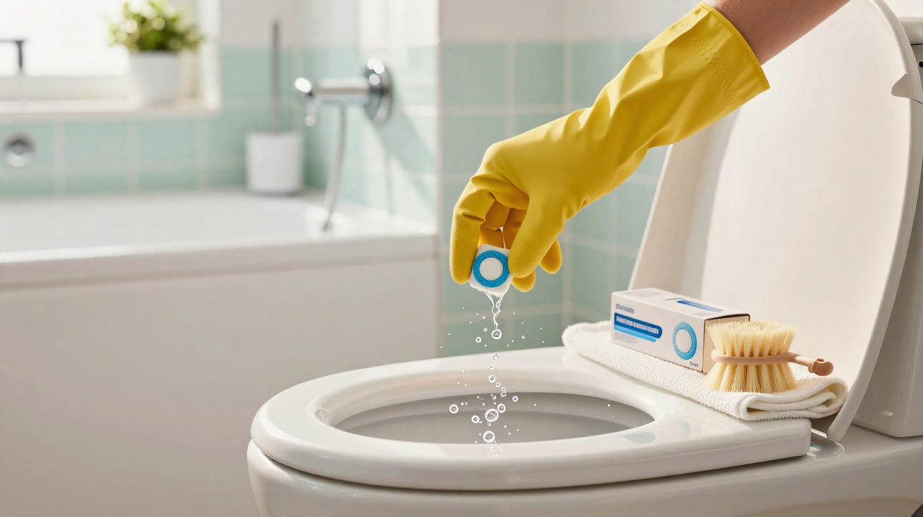 Mão com luva amarela aplicando produto de limpeza em vaso sanitário em banheiro claro e organizado.