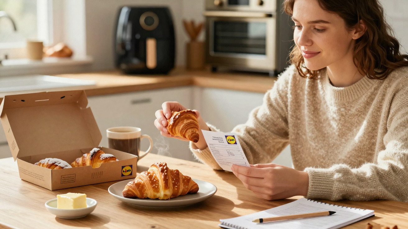 Mulher sentada à mesa com croissants, café e lista de compras em cozinha bem iluminada.