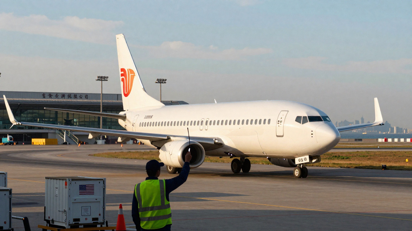 Funcionário do aeroporto orienta avião branco com logotipo vermelho na cauda durante operação de solo.