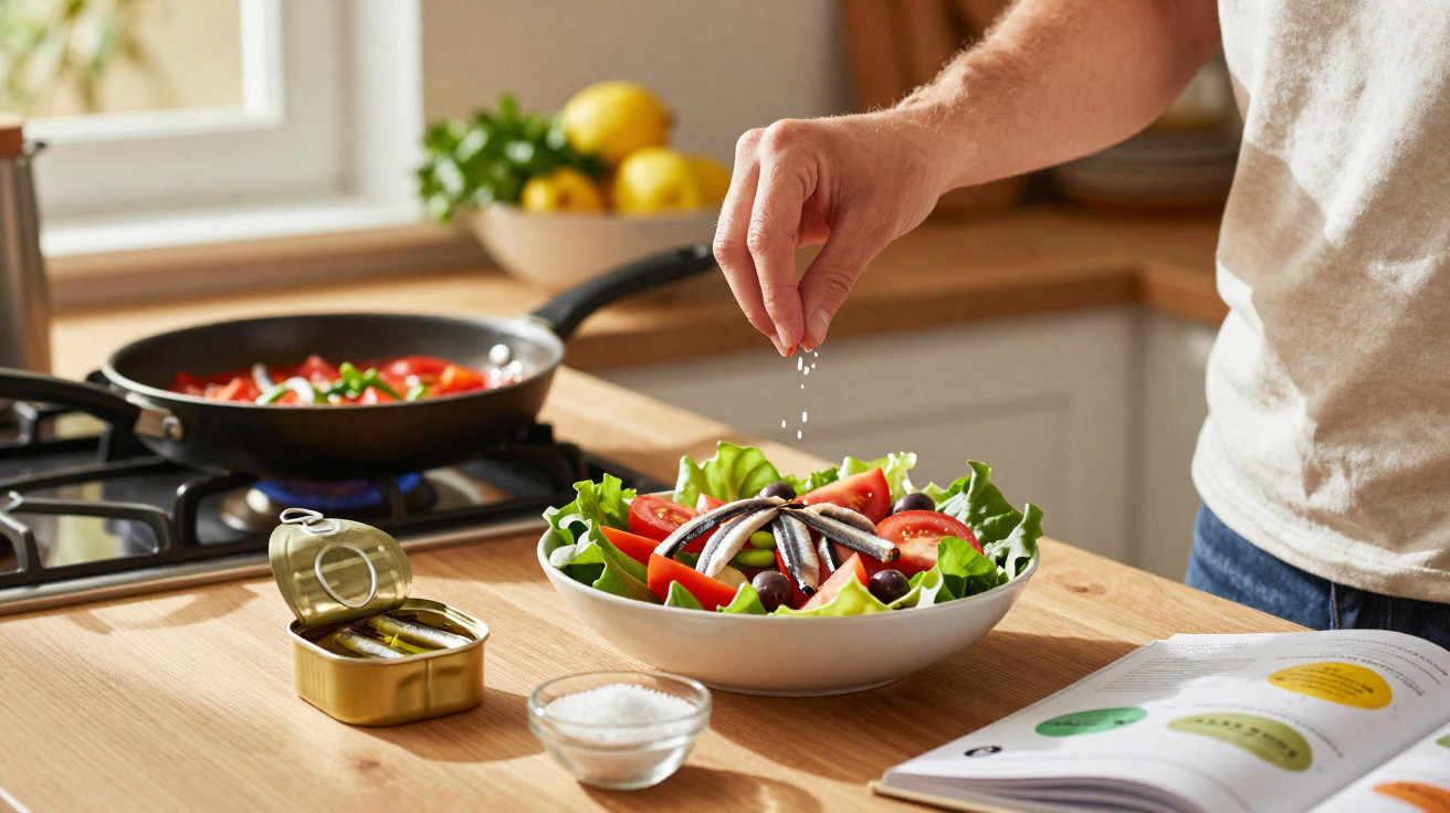 Pessoa temperando salada com folhas, tomates e anchovas, ao lado de uma panela e livro de receitas.