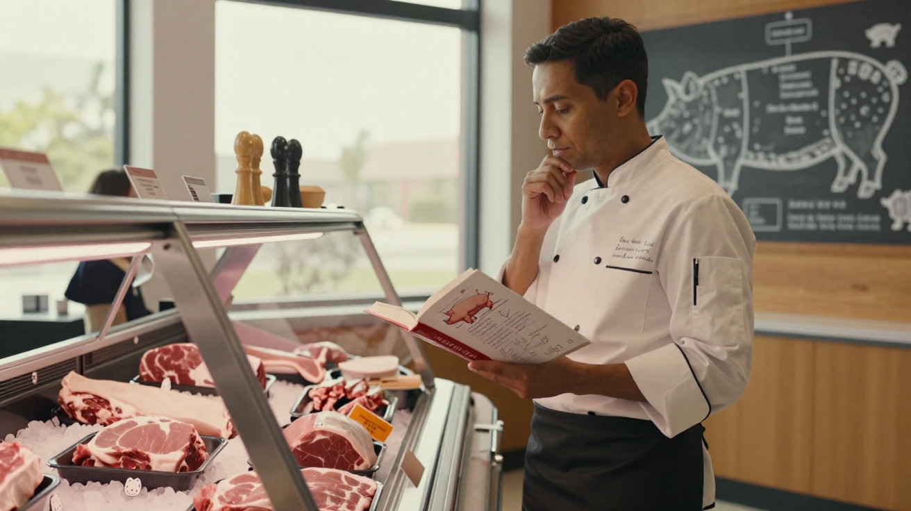 Açougueiro em uniforme branco consulta livro sobre cortes de carne ao lado de balcão refrigerado com carnes.